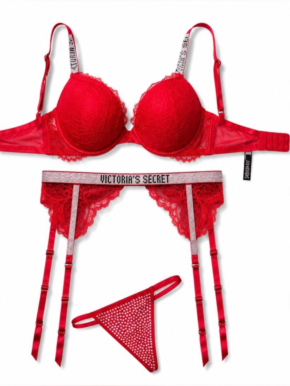 Victoria’s Secret Very Sexy Red Lace Push-Up Bra and Garter Belt Set, 34D/ XS/S